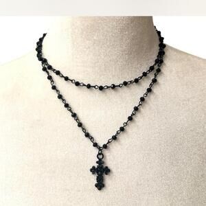 Black Beaded 2 piece Necklace Set with Cross - Adjustable chains